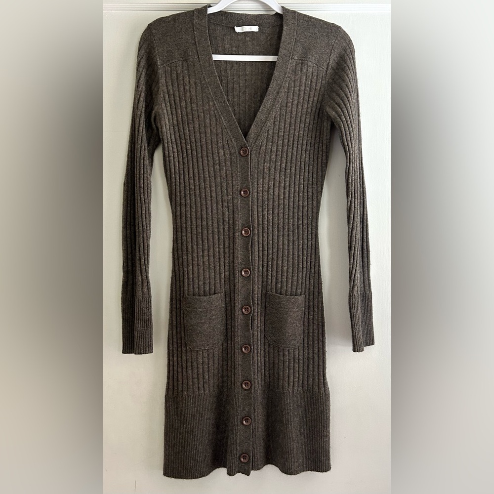 Chloe 100% Cashmere Brown Ribbed Knit Long Cardigan Tunic Dress Size XS